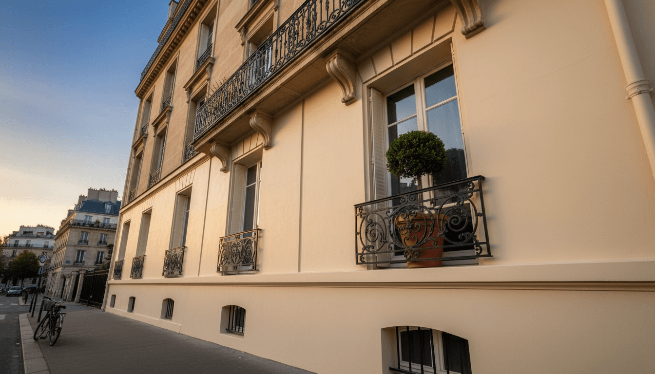 Façade parisienne repeinte avec finition mate et balcon en fer forgé