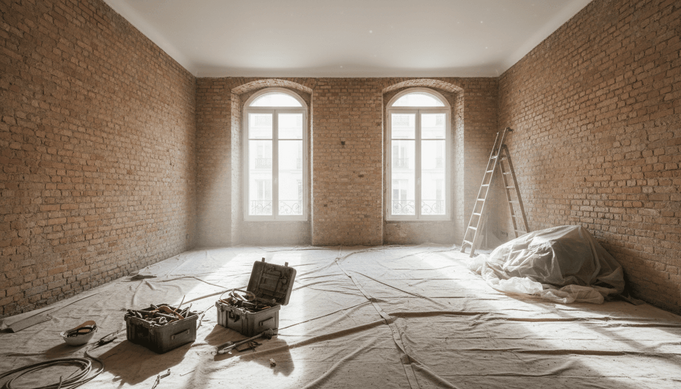Appartement parisien en chantier, lumière naturelle et matériaux bruts, ambiance de rénovation professionnelle