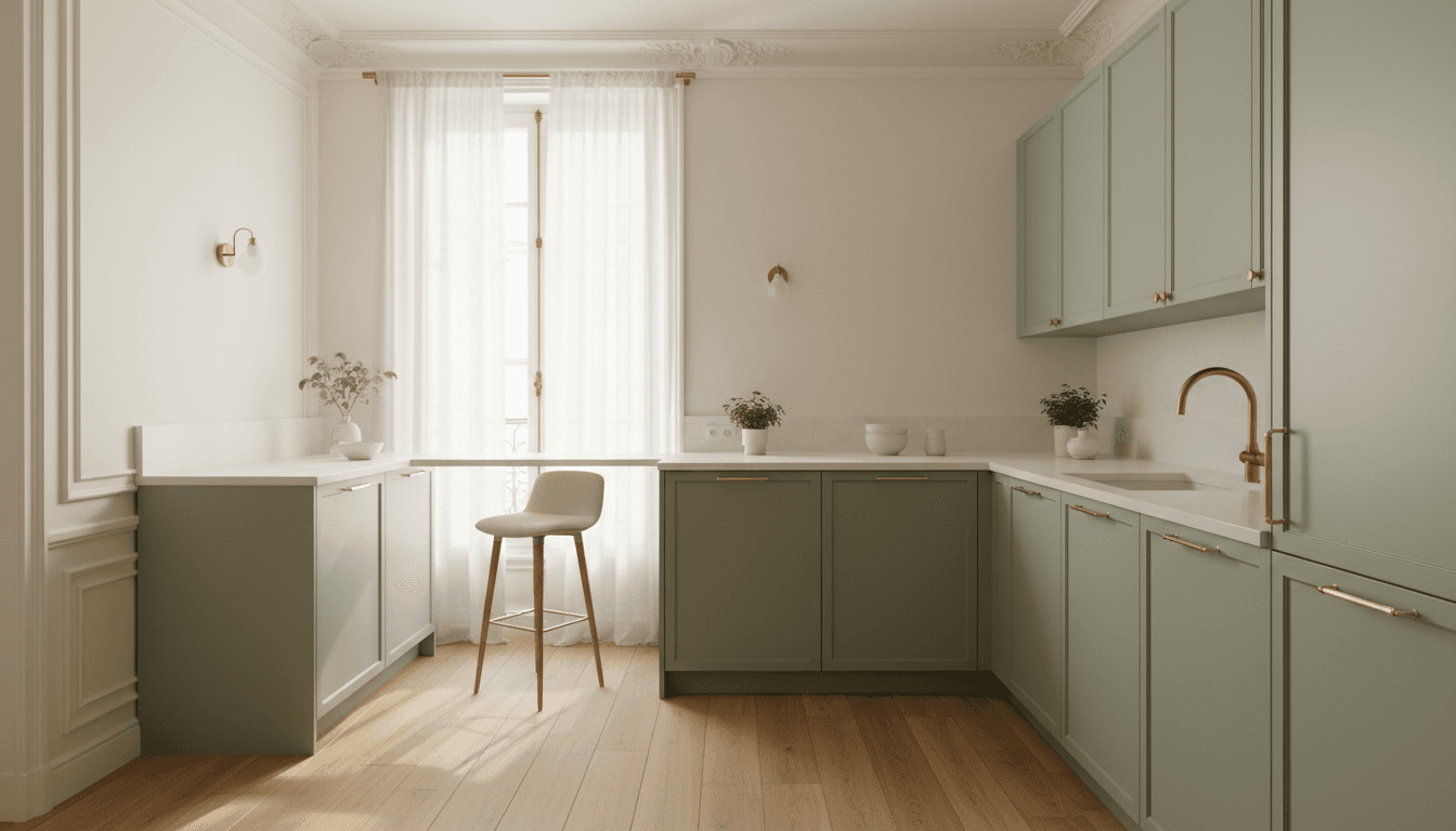 Cuisine rénovée avec meubles vert sauge et plan de travail blanc