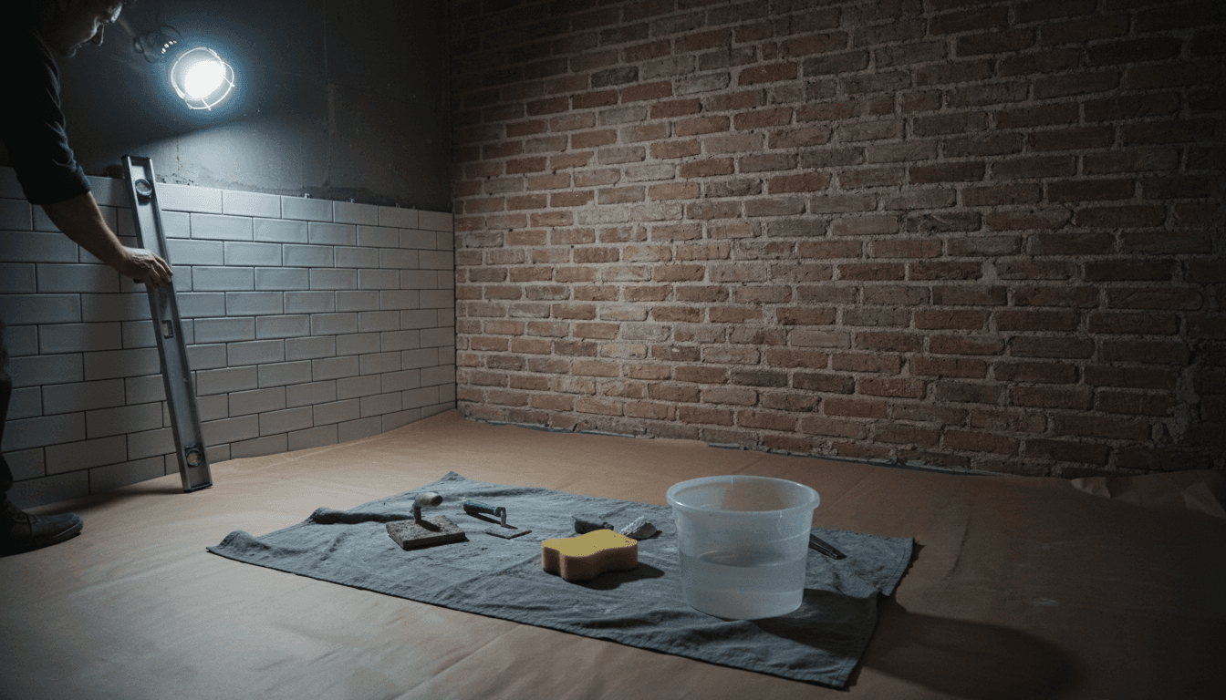Chantier de rénovation de salle de bain avec carrelage métro blanc