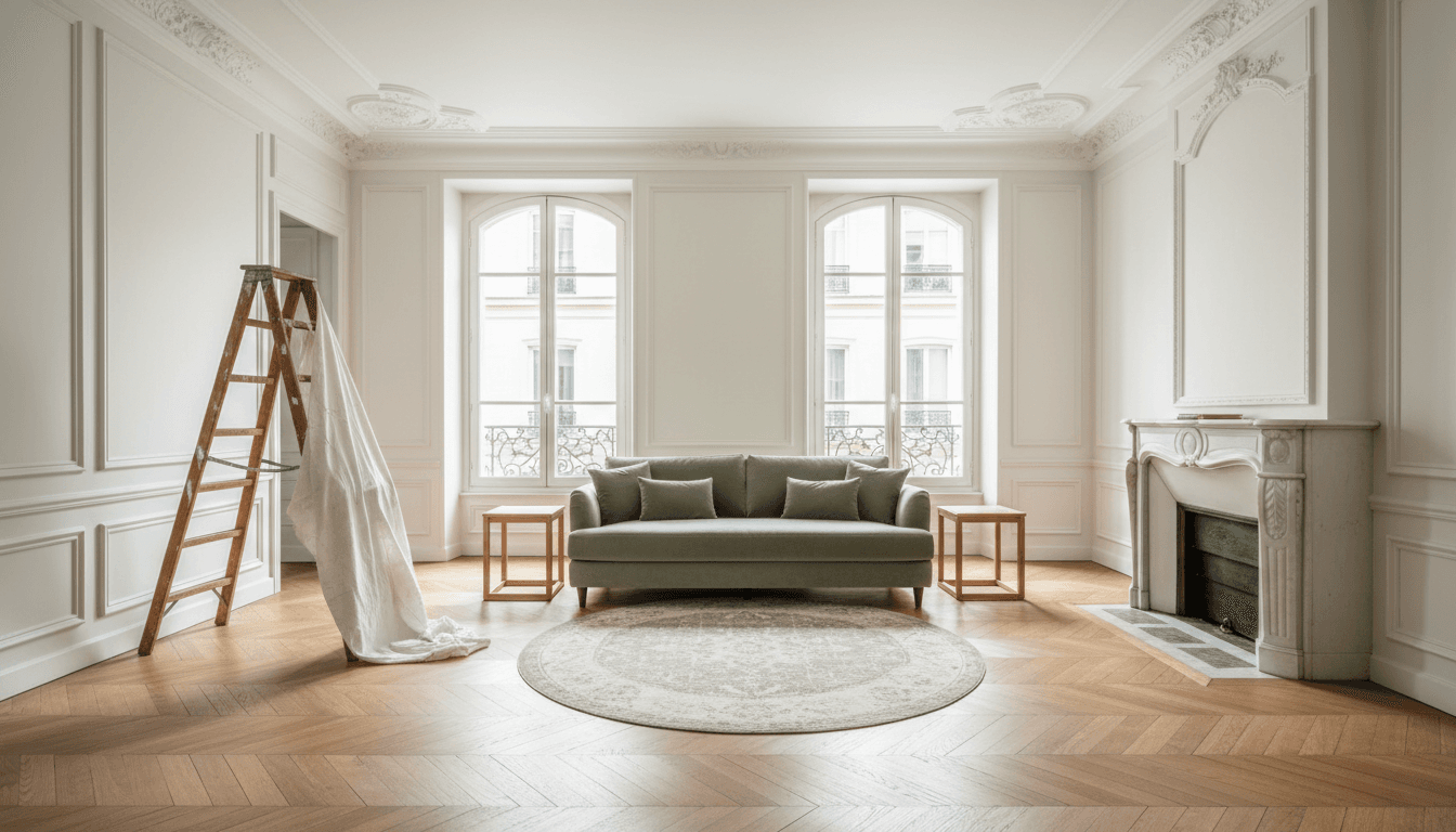 Intérieur parisien rénové avec moulures et parquet d'origine restauré