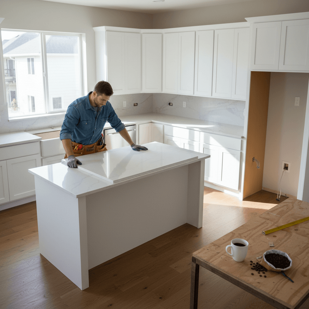 Cuisine en cours de rénovation avec nouveaux plans de travail
