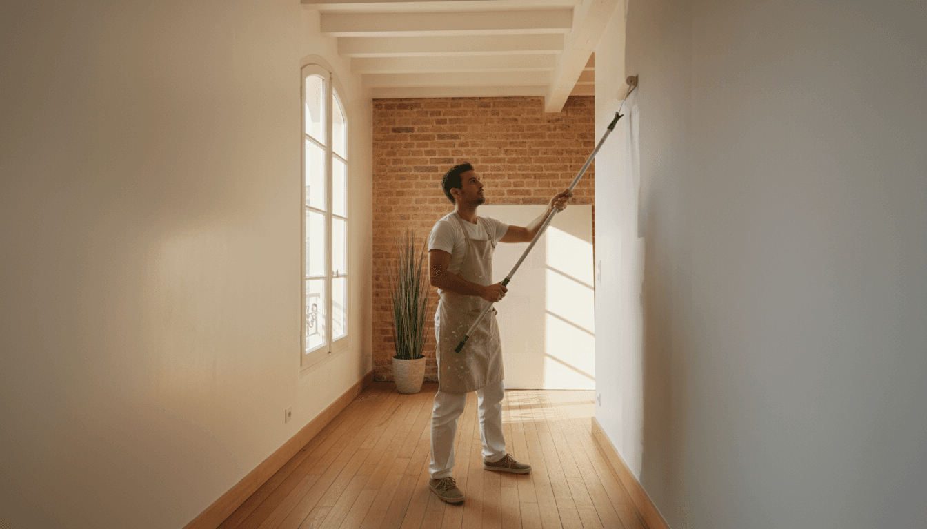 Professionnel peignant avec soin l'intérieur d'un appartement à Paris, démontrant l'expertise en finition de NSD 72
