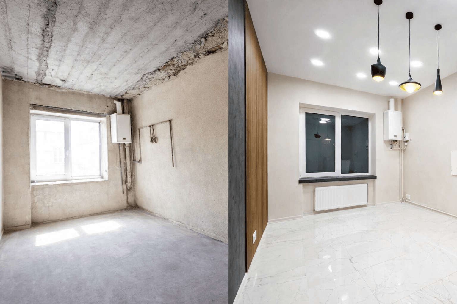 Comparaison avant et après d'une rénovation transformant un espace brut en une pièce moderne.