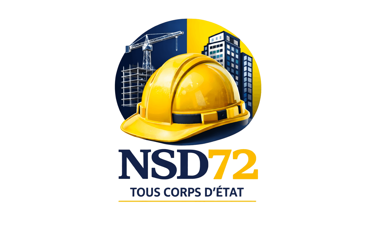 Logo NSD72 avec casque jaune, grue de construction et immeubles, texte Tous Corps d'État.